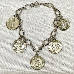 Vintage Sterling Silver 925 Catholic Christian Charm Bracelet Religious Mary